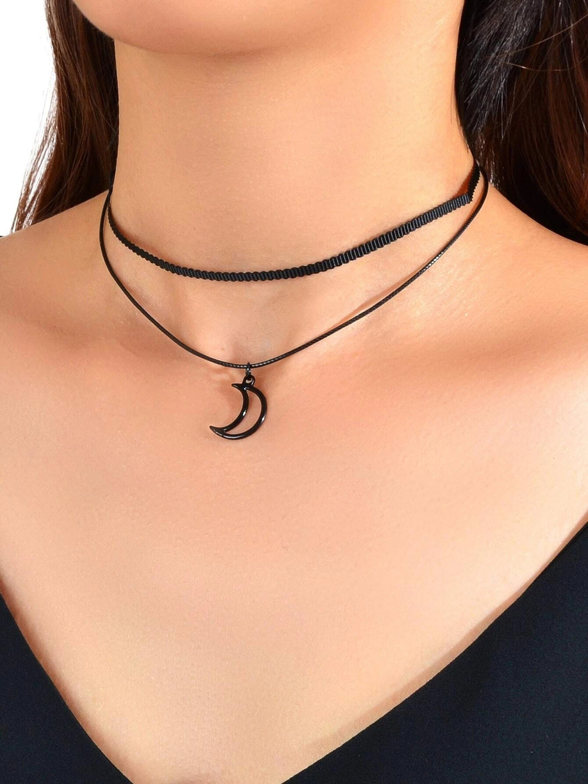 Gothic Black Pu Leather Double layer Chain Moon Star Charm Punk 90s Tattoo Choker-0