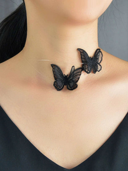 Double Layer Transparent Cord Lace Butterfly Choker Necklace Women Collar Gift-5