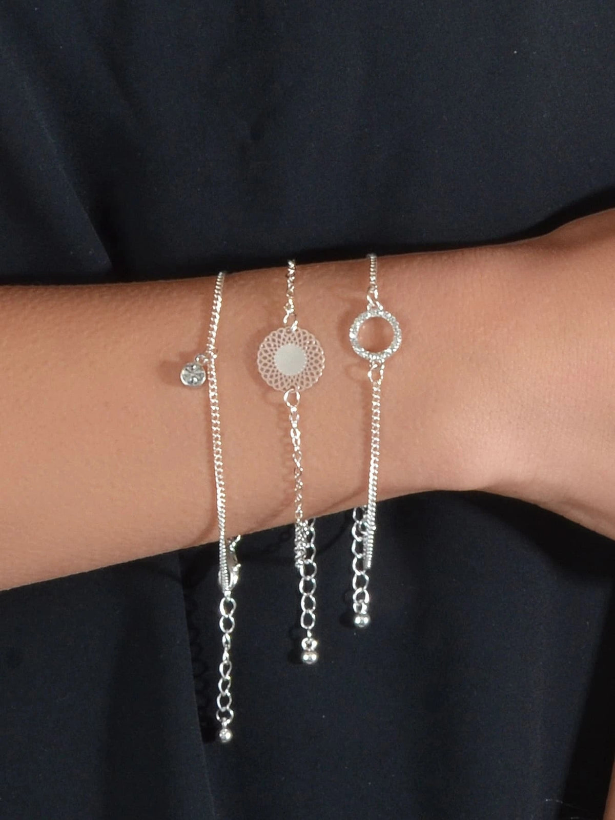 3 pcs/set Fashion Jewellery Silver Chain Rhinestone Circle Charm Bracelet Gift-0
