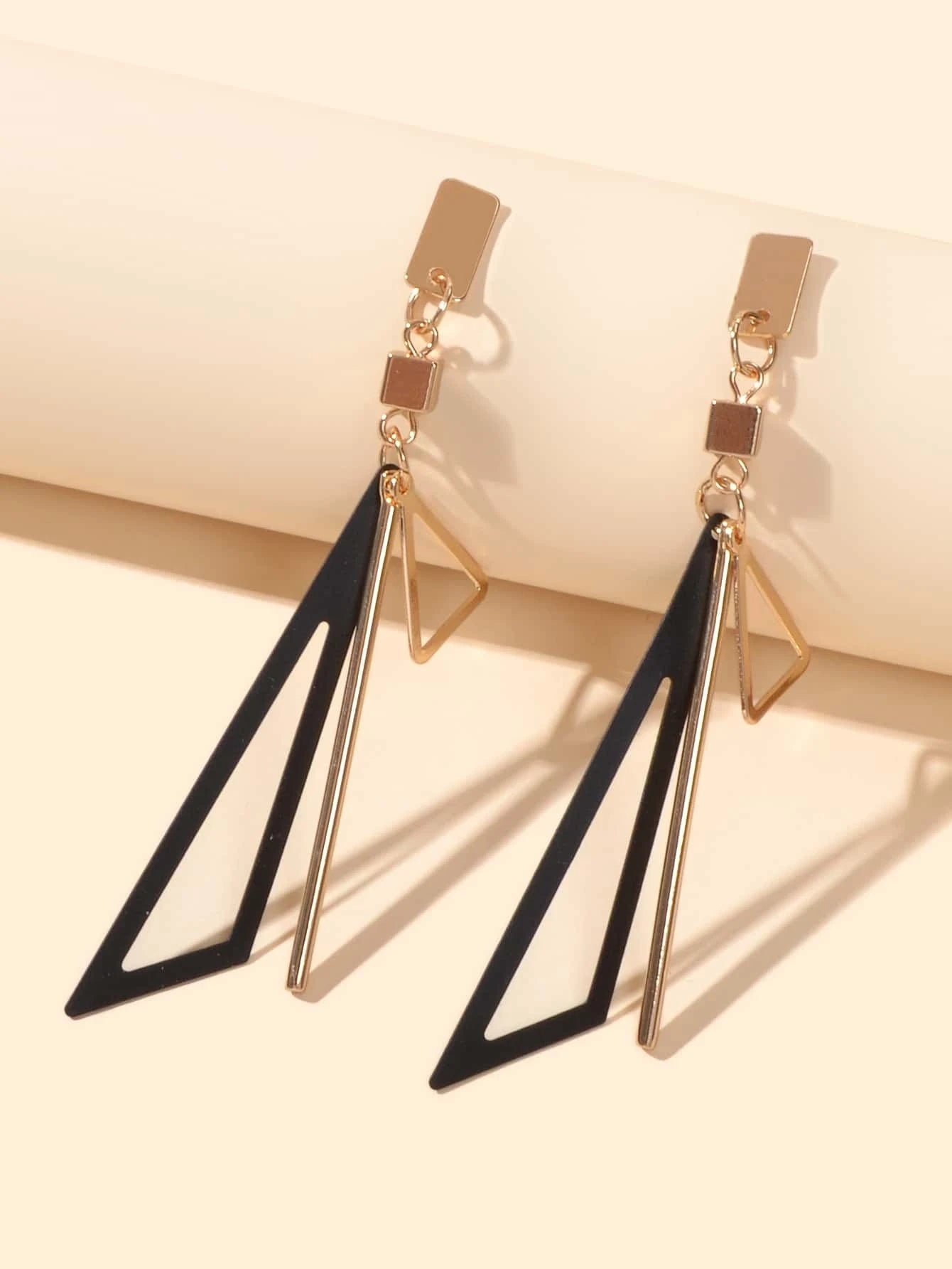 Gold Metal Geometric Triangle Dangle Stud Earring Women Textured Accessories-0