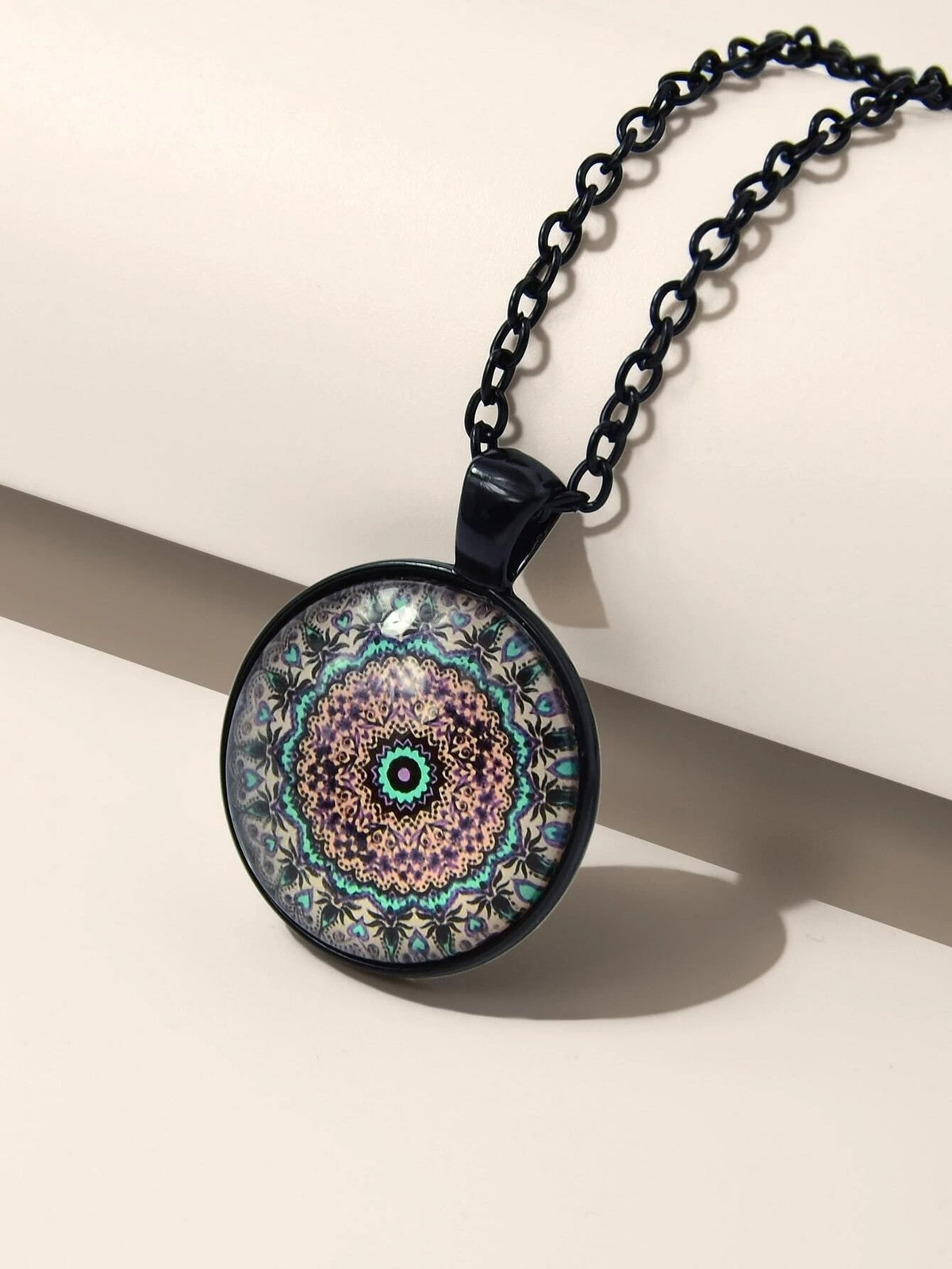 Retro Jewellery Ethnic Black Chain Geometric Mandala Round Pendant Boho Necklace-0