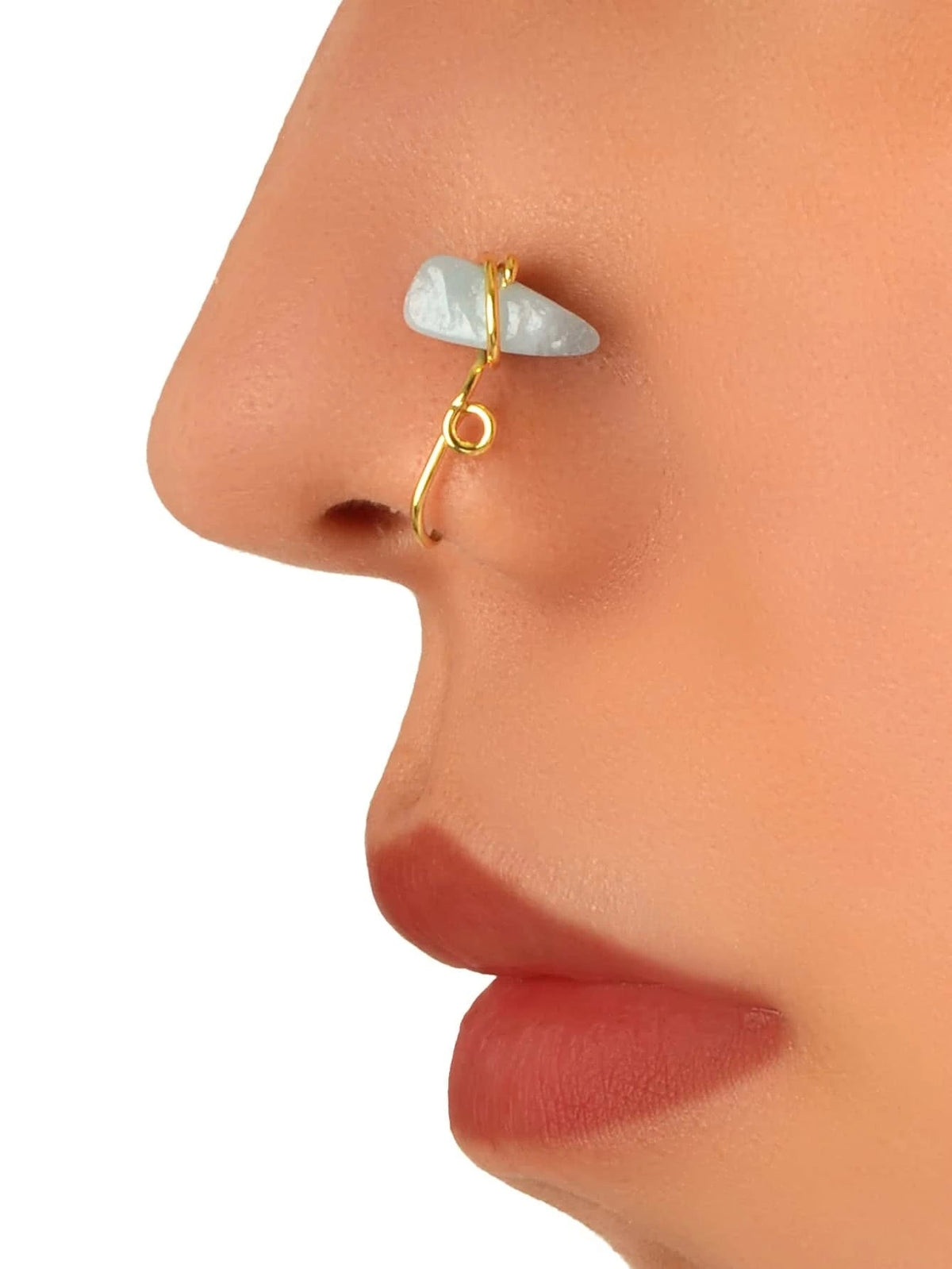1pc Colourful Stone Clip on Faux Lip Ear Nose Rings Hoop Non Piercing Jewellery-4