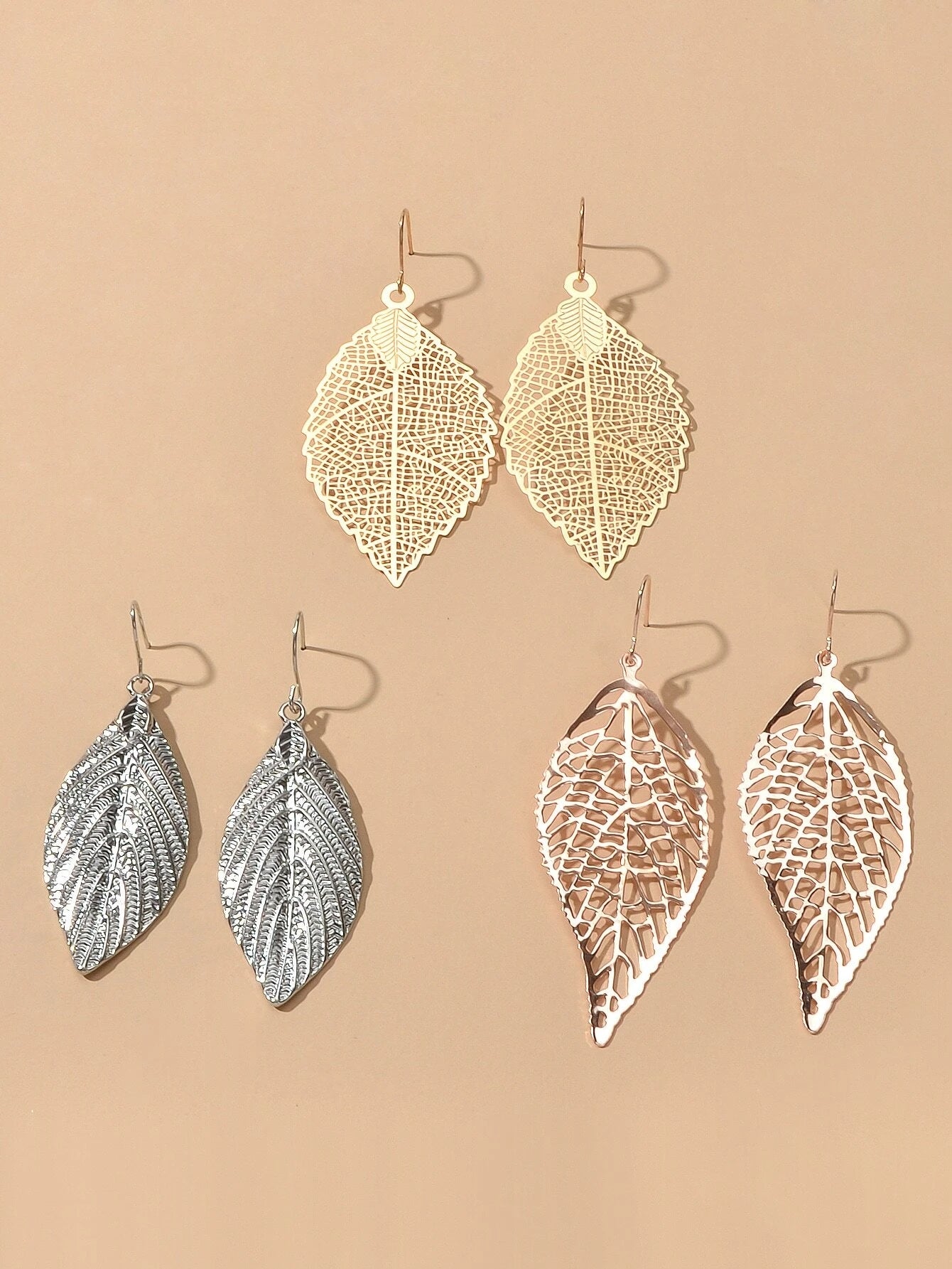 3 pairs AU Local Gold Silver Rosegold Hollow Mesh Leaf Dangle Drop Earrings set-0