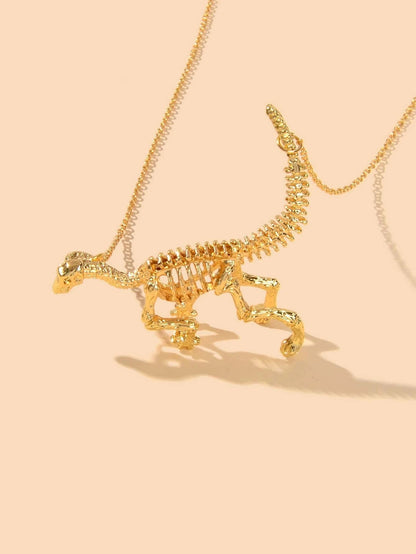Punk Jewellery Gold Chain Dinosaur Skeleton Statement Pendant Necklace Accessory-0