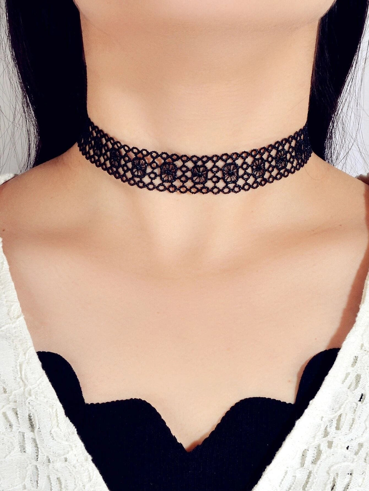 Black Hollow Out Lace Pattern Gothic 90s Tattoo Choker Punk Halloween Necklace-0