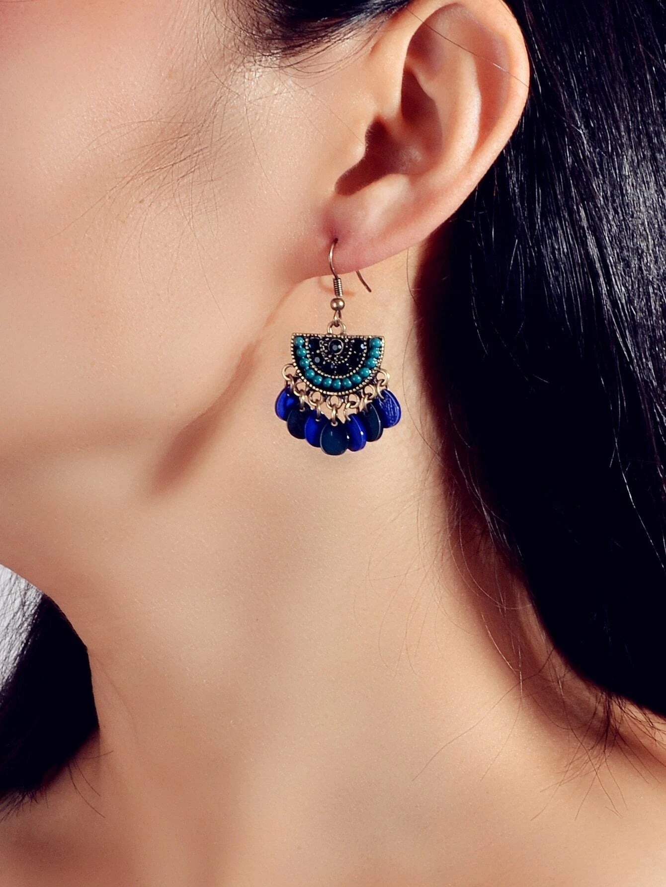 Boho Jewellery Blue Beads Sectored Water Drop Earrings Ethnic Women Accessories-0