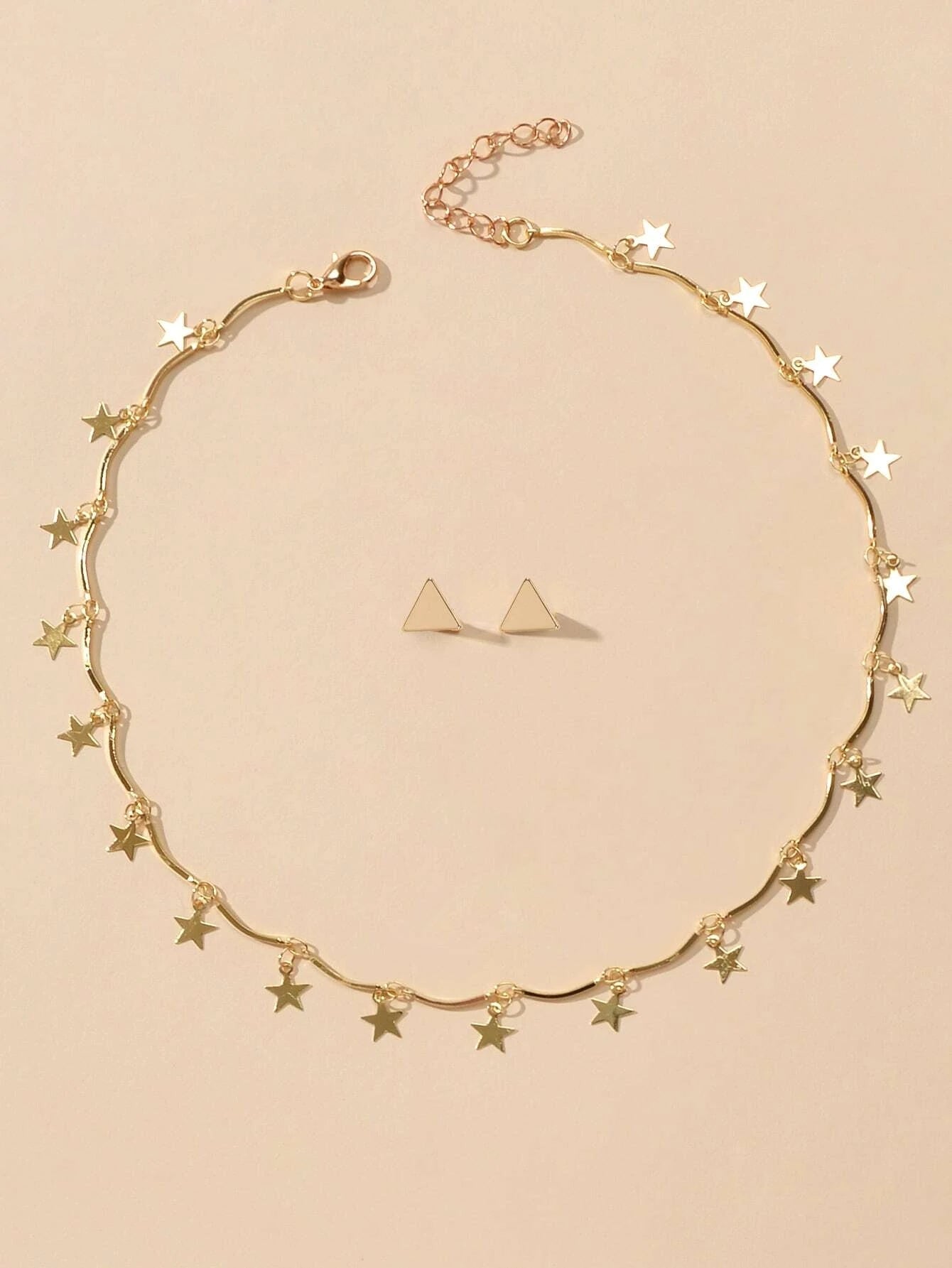 Jewellery set Fashion Gold Stars Charm Statement Necklace Triangle Stud Earrings-0