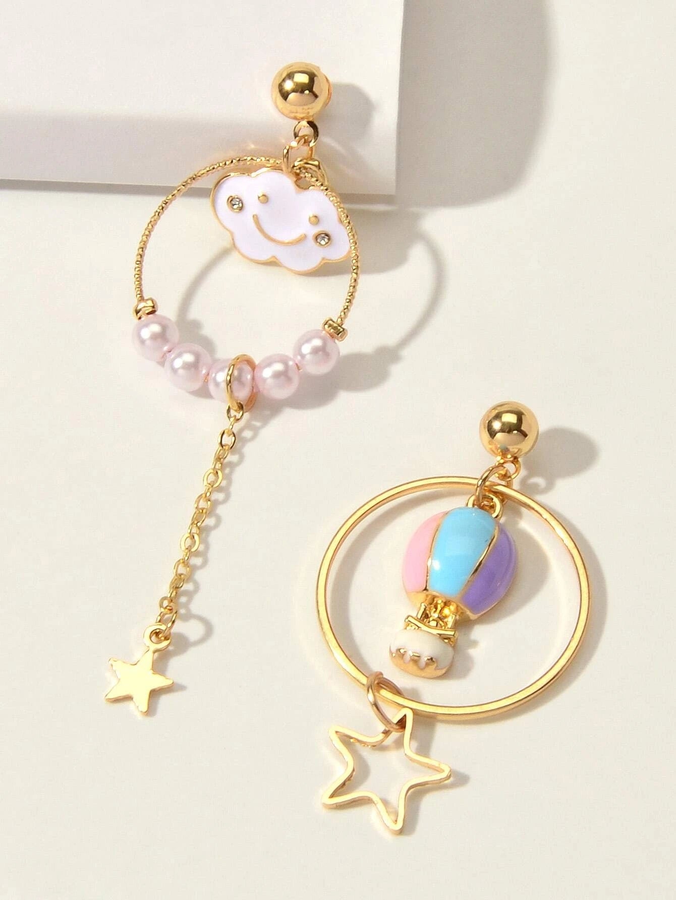 Lovely Jewellery Pearl Hot Air Balloon Clouds Star Charm Asymmetric Earrings-1