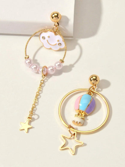 Lovely Jewellery Pearl Hot Air Balloon Clouds Star Charm Asymmetric Earrings-1