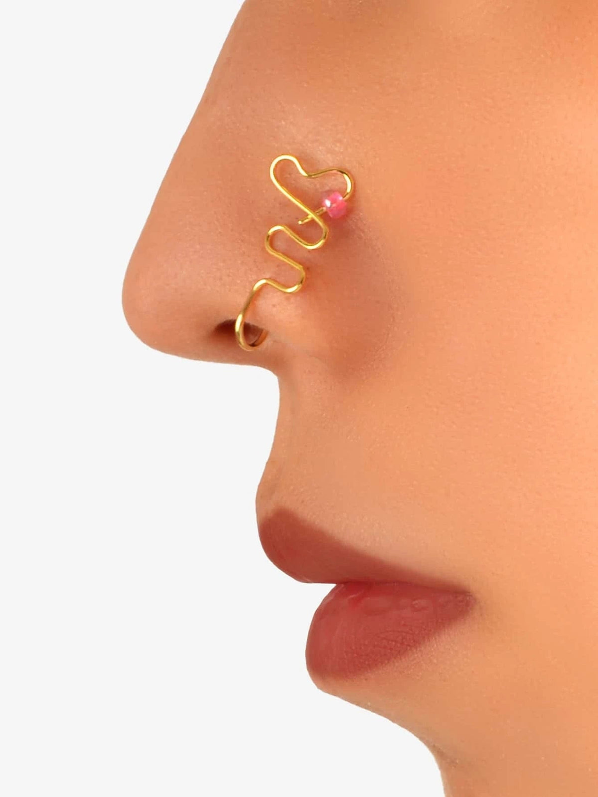Lip Ear Fake Gold Heart Nose Rings Studs Bead Clip On Nose Hoop Piercing Jewelry-0