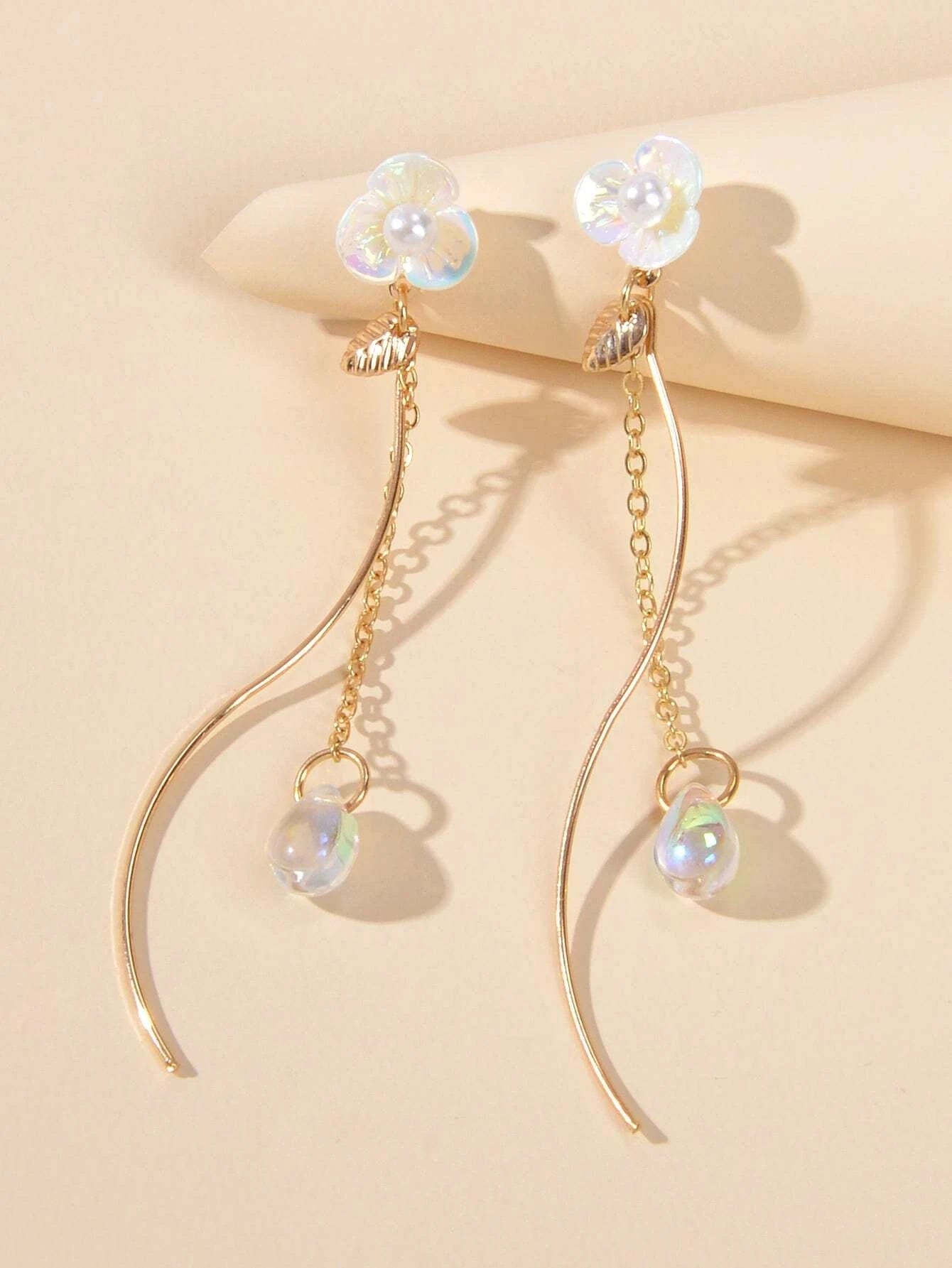 White Flower Gold Chain Dangle Earrings Women Accessories Tassel Stud Jewellery-0
