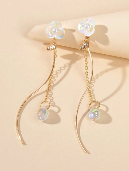 White Flower Gold Chain Dangle Earrings Women Accessories Tassel Stud Jewellery-0