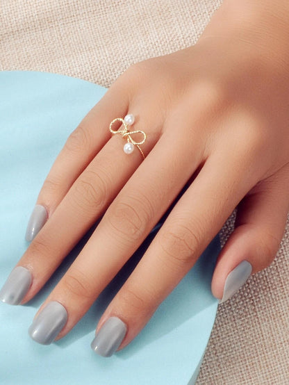 Fashion Jewellery Pearl Gold Bow Cute Finger Ring Beautiful Party Accessories-0