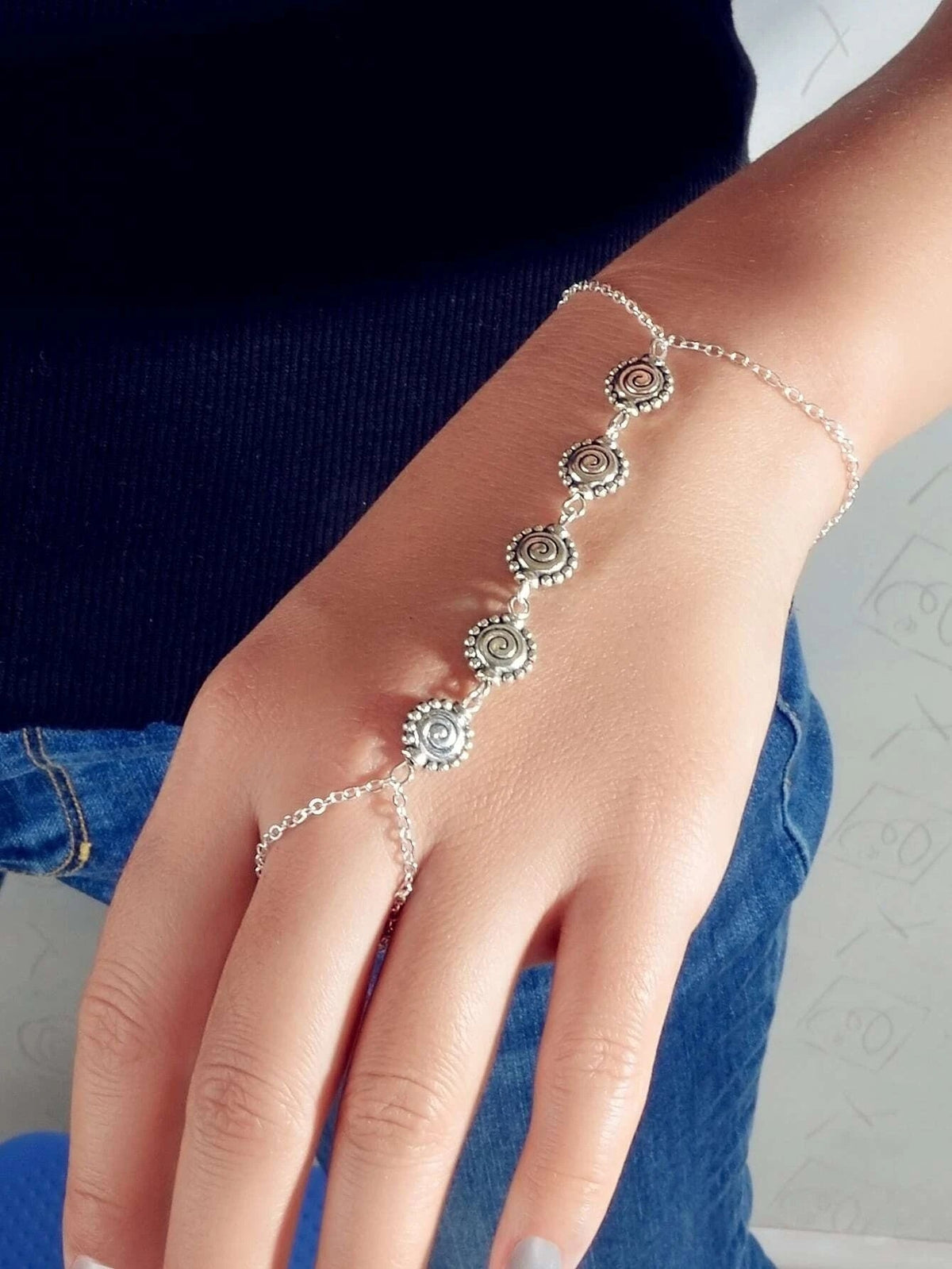 Tribal Ethnic Antique Silver Geometric Charm Slave Boho Bracelet with Ring Gift-0