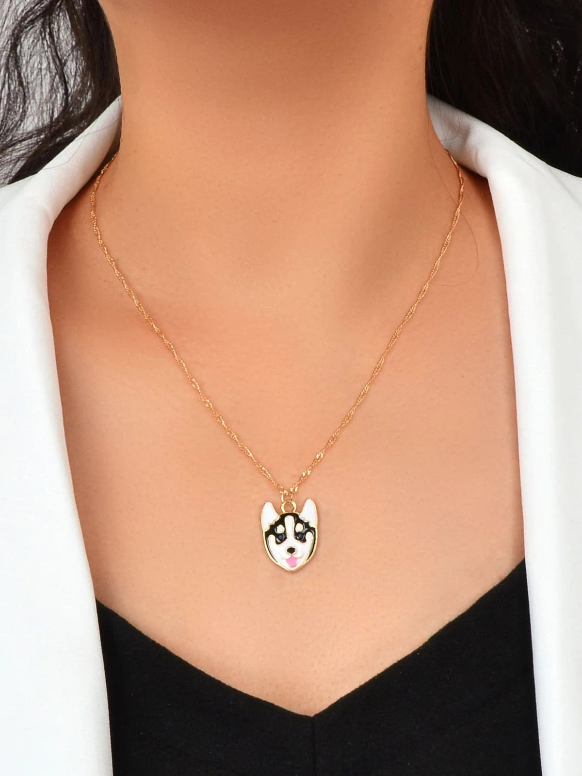 Cartoon Designer Jewelry Gold Link Chain White Black Enamel Dog Pendant Necklace-0