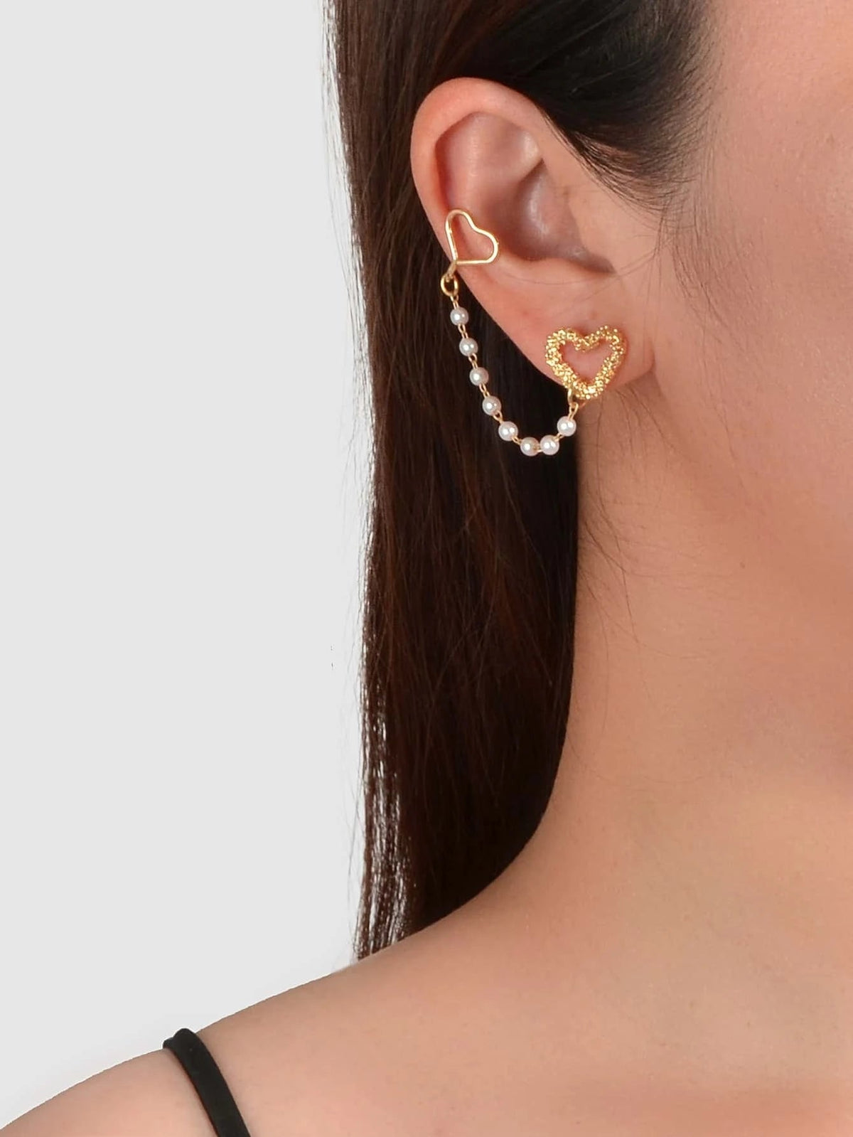 1pc Designer Jewelry Ear Cuff Pearl Gold Chain Heart Love Stud Cartilage Earring-0