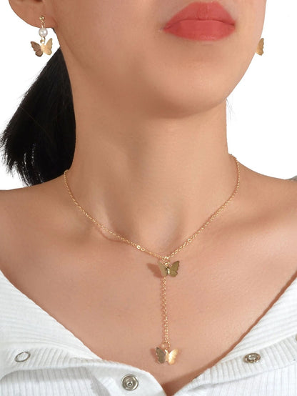 Jewellery set Pearl Decor Gold Butterfly Pendant Necklace Dainty Drop Earrings-0