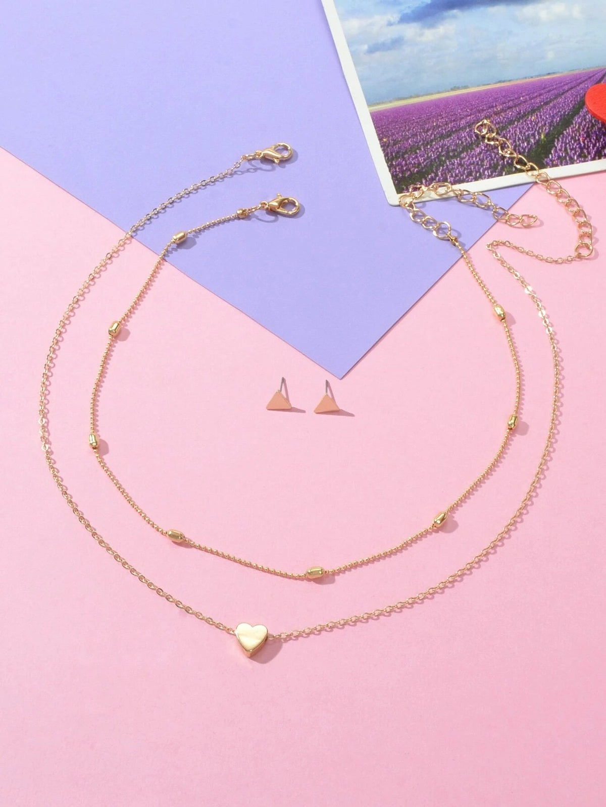 Double Layer Gold Chain Heart Charm Necklace Triangle Stud Earrings Jewelry Set-1