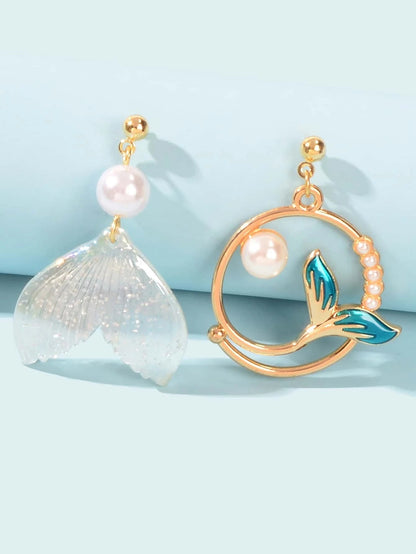 Exquisite Women Accessories Pearl Decor Mermaid Tail Asymmetric Holiday Earrings-0