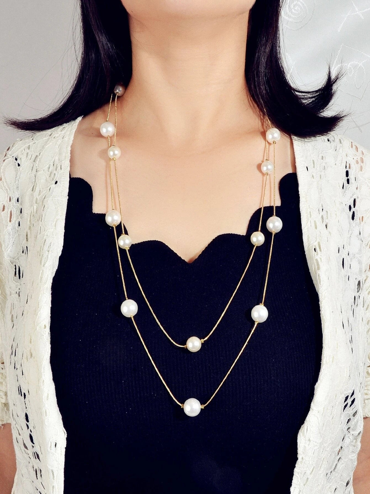 Double Layer Pearl Decor Gold Silver Chain Long Necklace Fashion Accessories-0