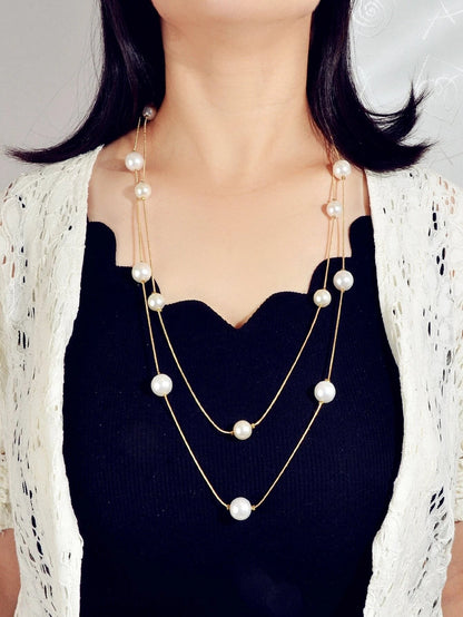 Double Layer Pearl Decor Gold Silver Chain Long Necklace Fashion Accessories-0