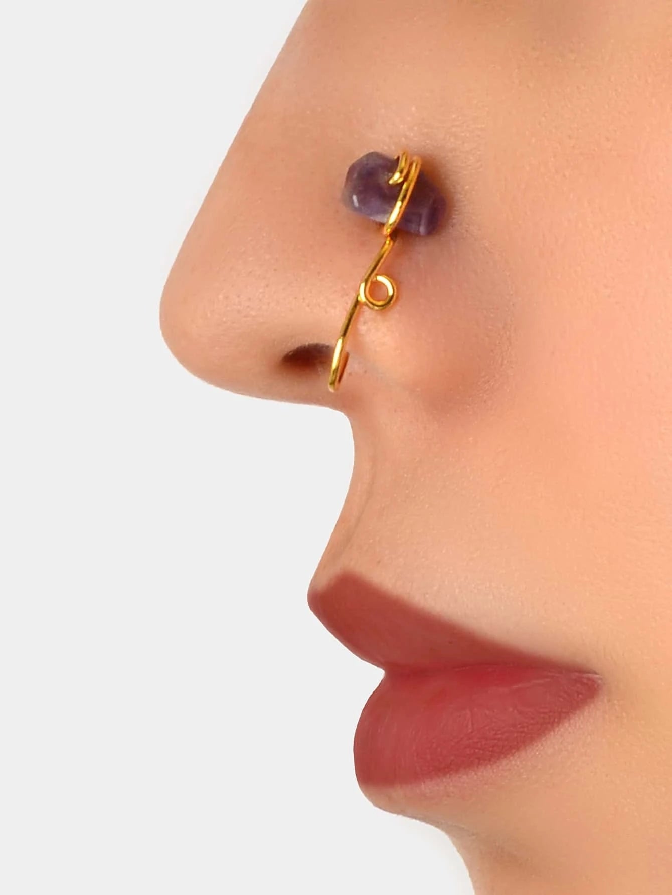 1pc Colourful Stone Clip on Faux Lip Ear Nose Rings Hoop Non Piercing Jewellery-0