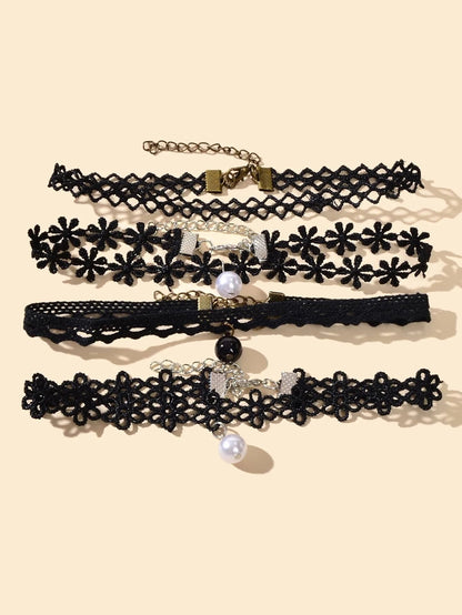 Black Elastic 4pcs Lace Flower Boho Gothic 90s Tattoo Choker Triangle Collar-0