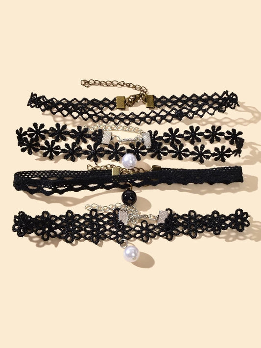 Black Elastic 4pcs Lace Flower Boho Gothic 90s Tattoo Choker Triangle Collar-0