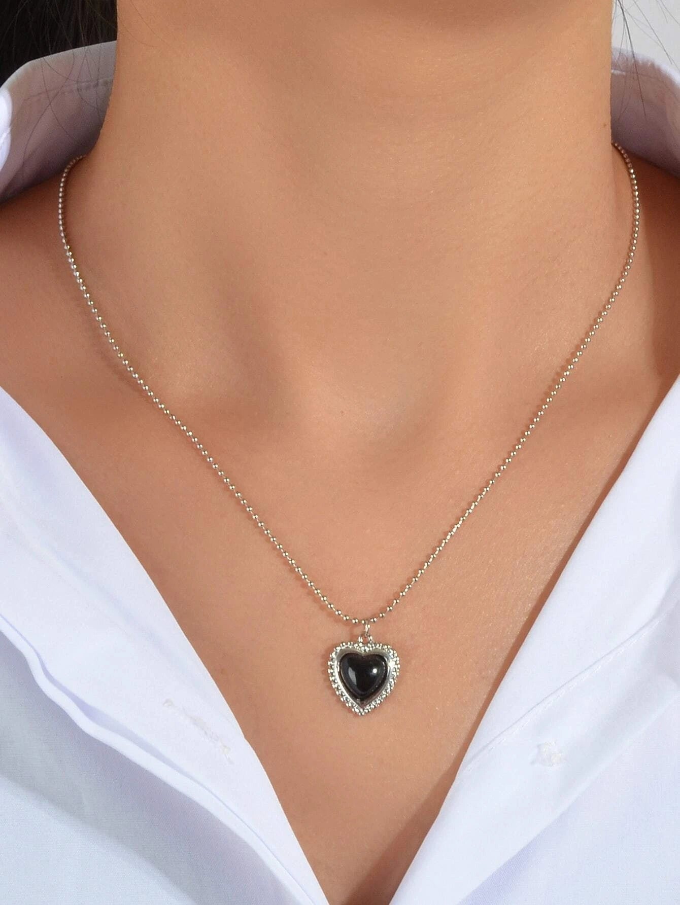 Silver Ball Chain Black Love Heart Pendant Necklace Textured Collar Jewellery-0