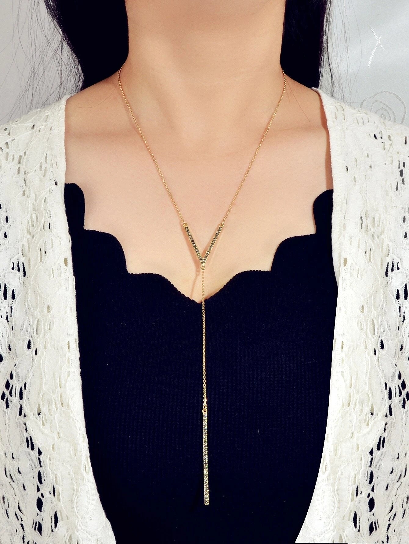 Rhinestone Long Y Chain Bar Pendant V Shape Necklace Drop Bar Fringe Jewellery-0