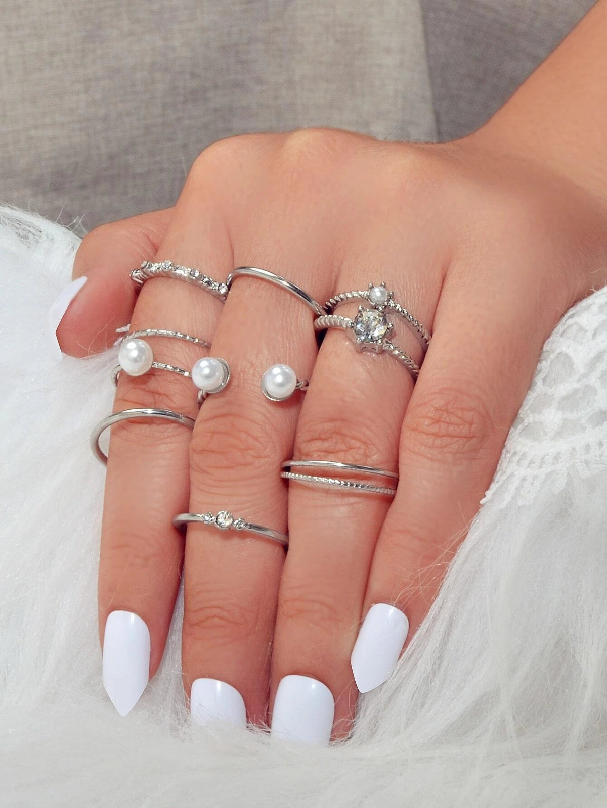 AU Stock 8pcs Pearl Rhinestone Geometric Cuff Knuckle Rings set Girls Teens Gift-0