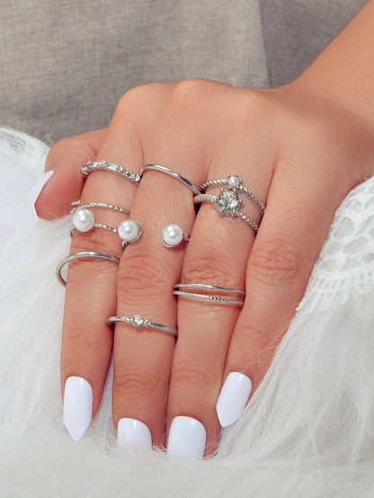 AU Stock 8pcs Pearl Rhinestone Geometric Cuff Knuckle Rings set Girls Teens Gift-0