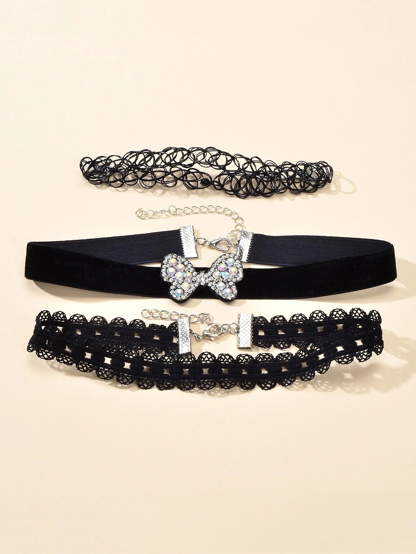 Black Elastic Rhinestone 3pcs Lace Flower Bow Velvet Boho Punk 90s Tattoo Choker-0