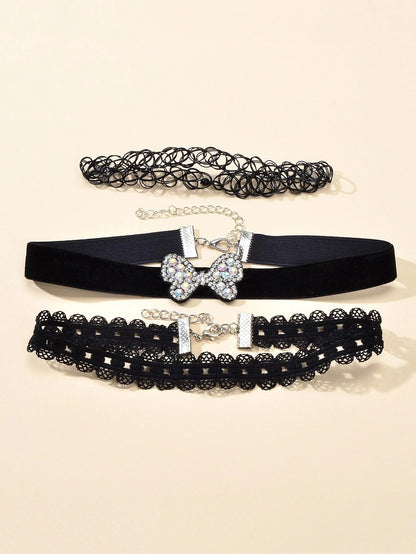 Black Elastic Rhinestone 3pcs Lace Flower Bow Velvet Boho Punk 90s Tattoo Choker-0