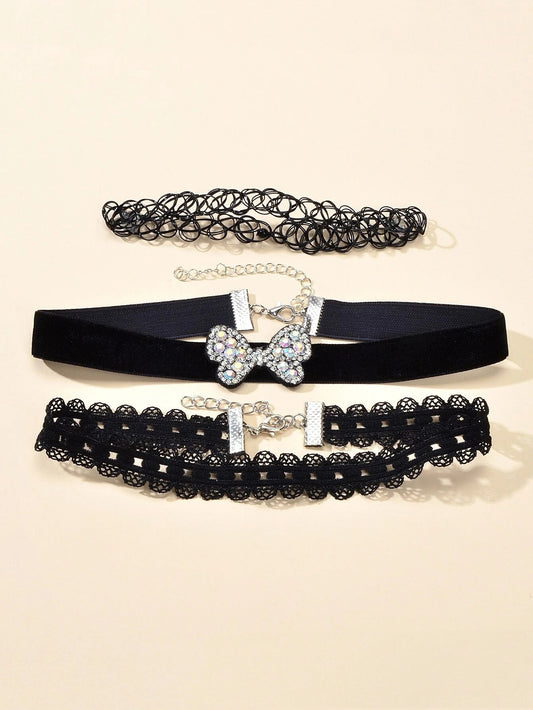 Black Elastic Rhinestone 3pcs Lace Flower Bow Velvet Boho Punk 90s Tattoo Choker-0