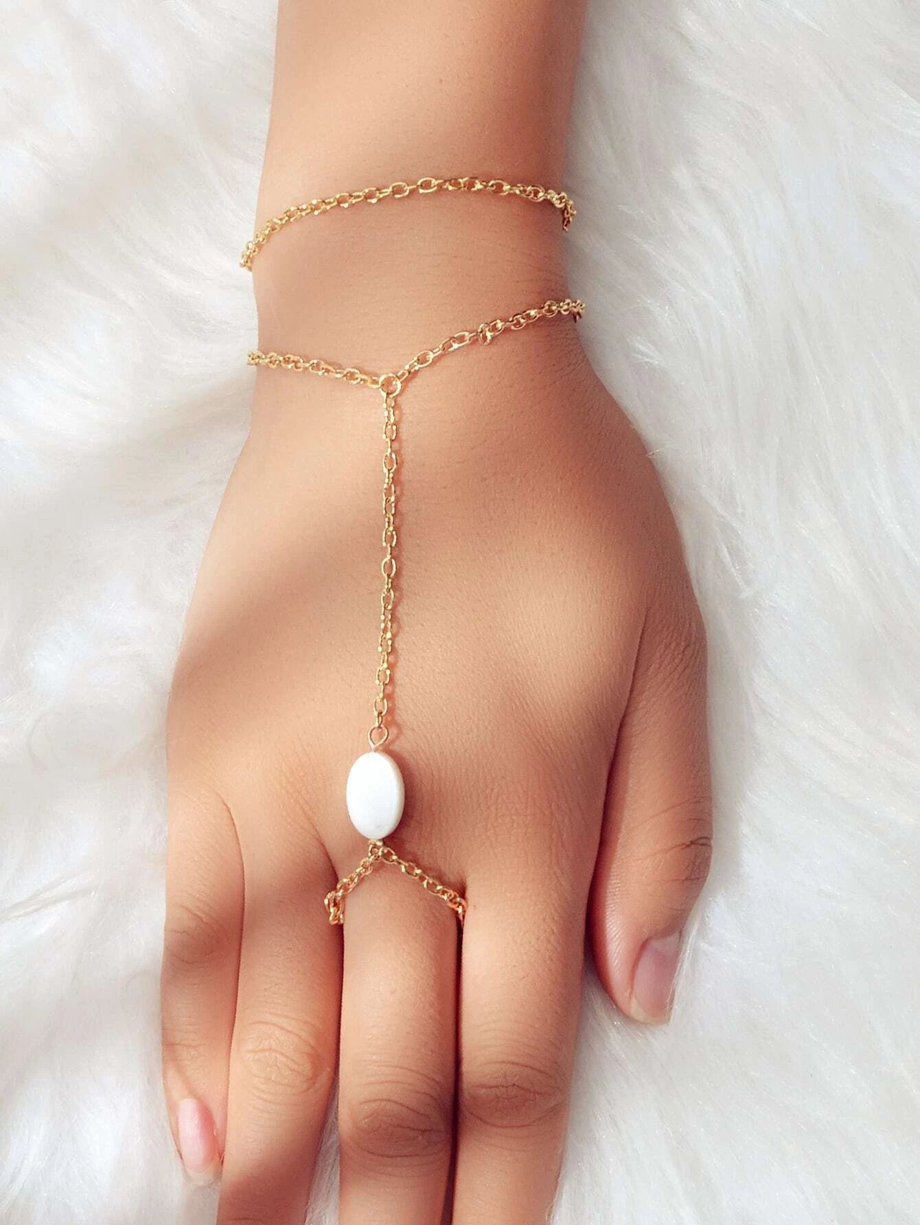 Double Layer Gold Tone Chain Shell Charm Slave Bracelet with Finger Ring Gift-0