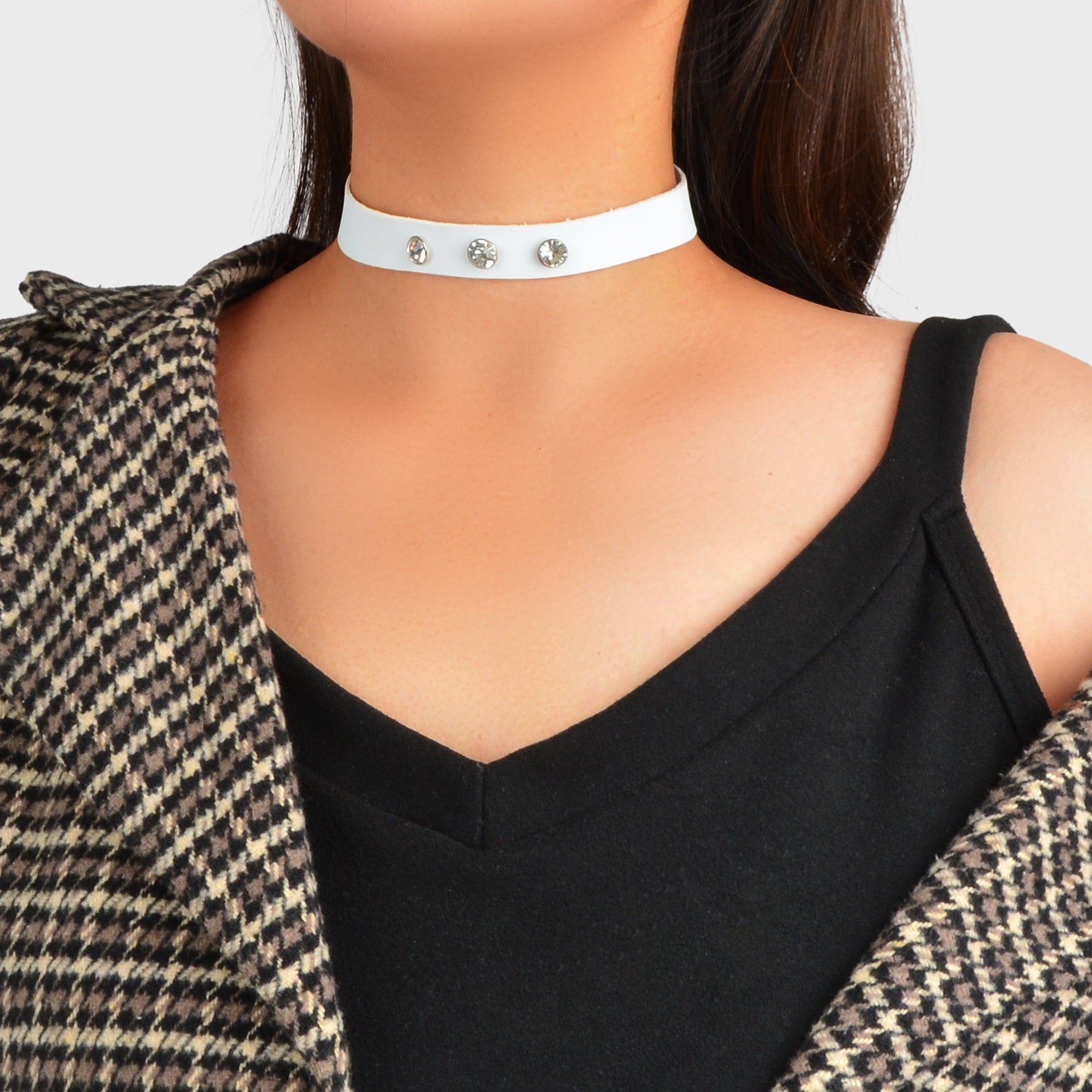 Punk Grunge Collar 90s Rhinestone White Pu Leather Short Choker Necklace-0