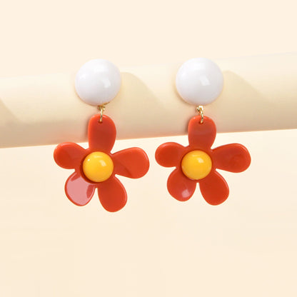 Sweet Women Accessories Red Flower Dangling Elements Acrylic Daisy Chic Earrings-1