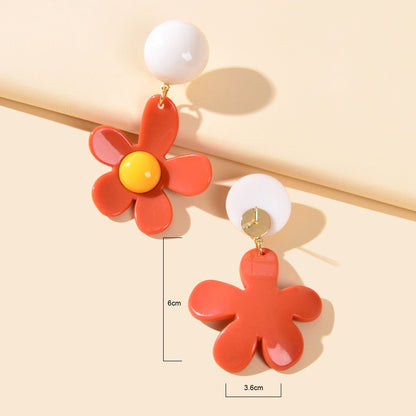 Sweet Women Accessories Red Flower Dangling Elements Acrylic Daisy Chic Earrings-4