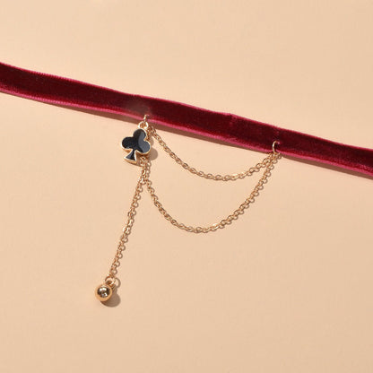 Retro Winered Poker Charm Gold Chain Velvet Tattoo Choker Short Necklace Collar-1