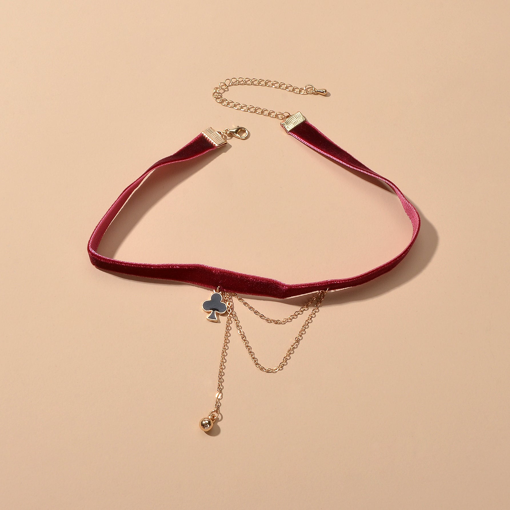 Retro Winered Poker Charm Gold Chain Velvet Tattoo Choker Short Necklace Collar-2