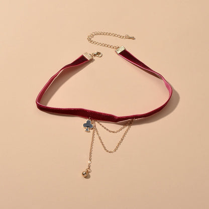 Retro Winered Poker Charm Gold Chain Velvet Tattoo Choker Short Necklace Collar-2