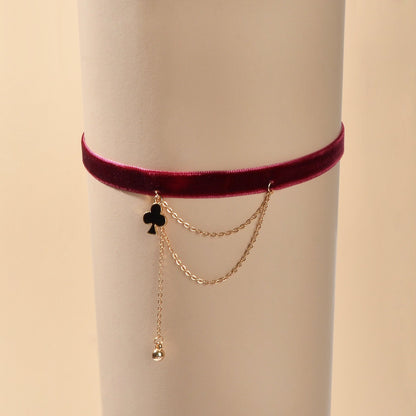 Retro Winered Poker Charm Gold Chain Velvet Tattoo Choker Short Necklace Collar-3