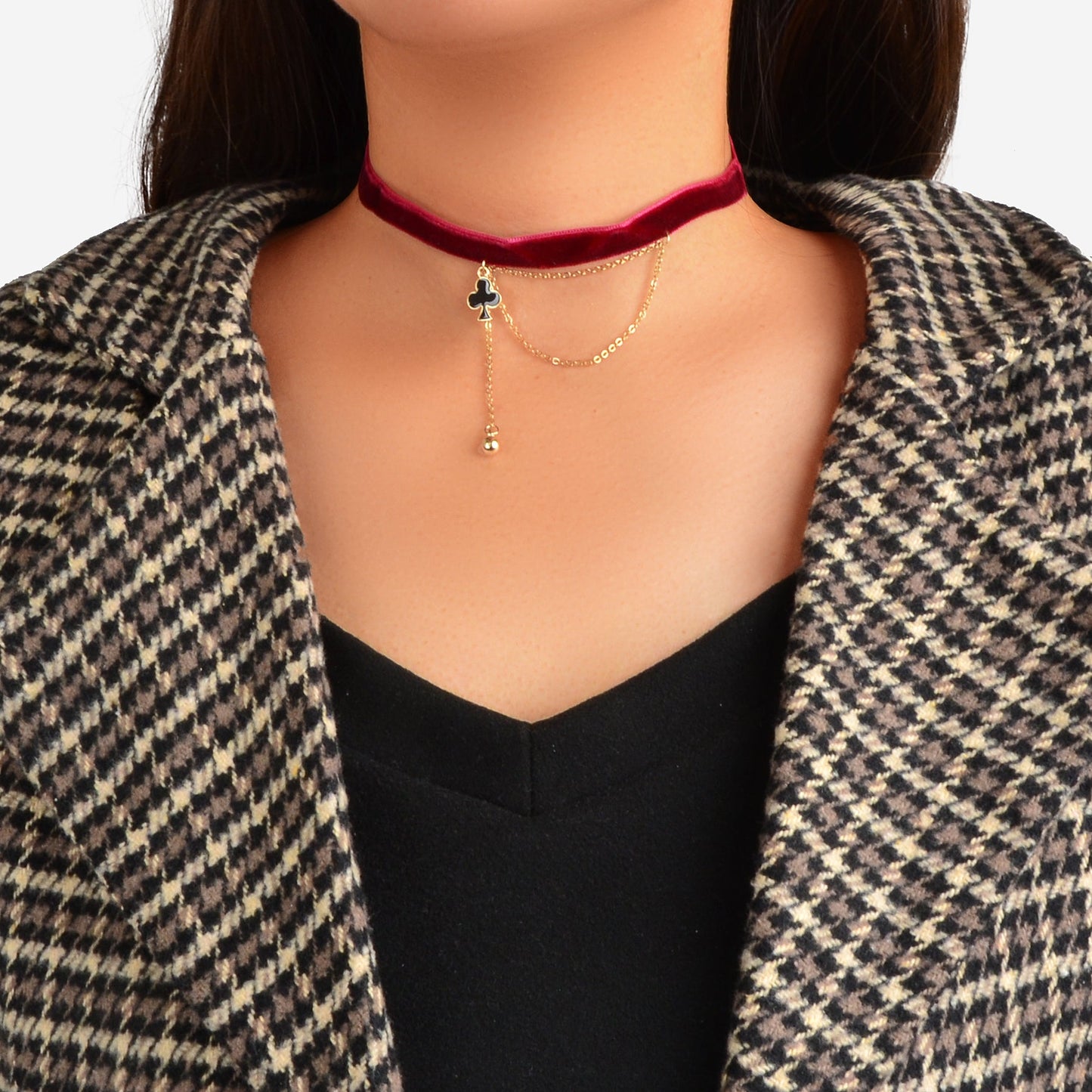 Retro Winered Poker Charm Gold Chain Velvet Tattoo Choker Short Necklace Collar-0