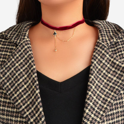 Retro Winered Poker Charm Gold Chain Velvet Tattoo Choker Short Necklace Collar-0