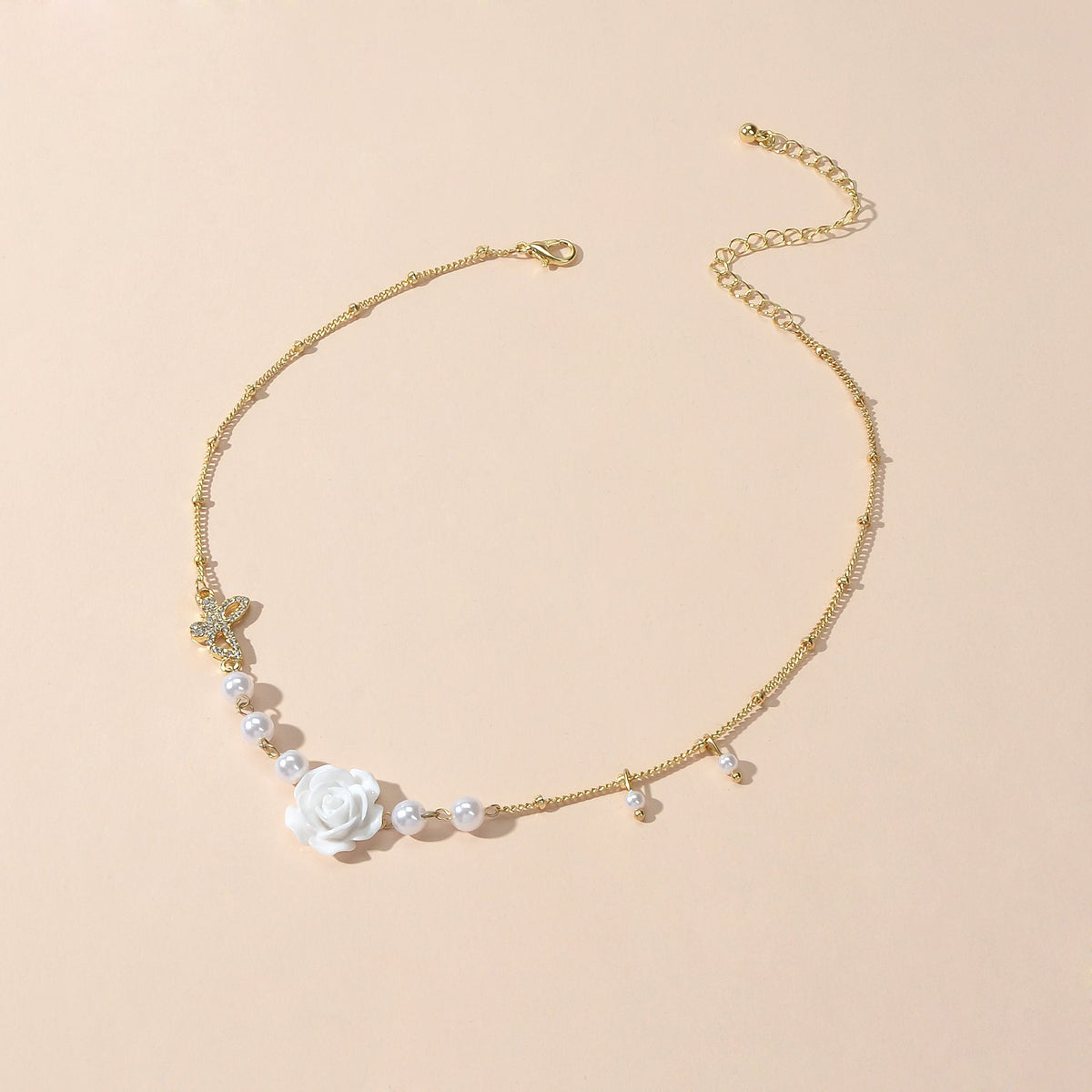 Textured Wedding Pearl Beads Gold Chain Butterly White Flower Collar Necklace-1