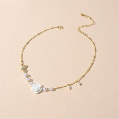Textured Wedding Pearl Beads Gold Chain Butterly White Flower Collar Necklace-1