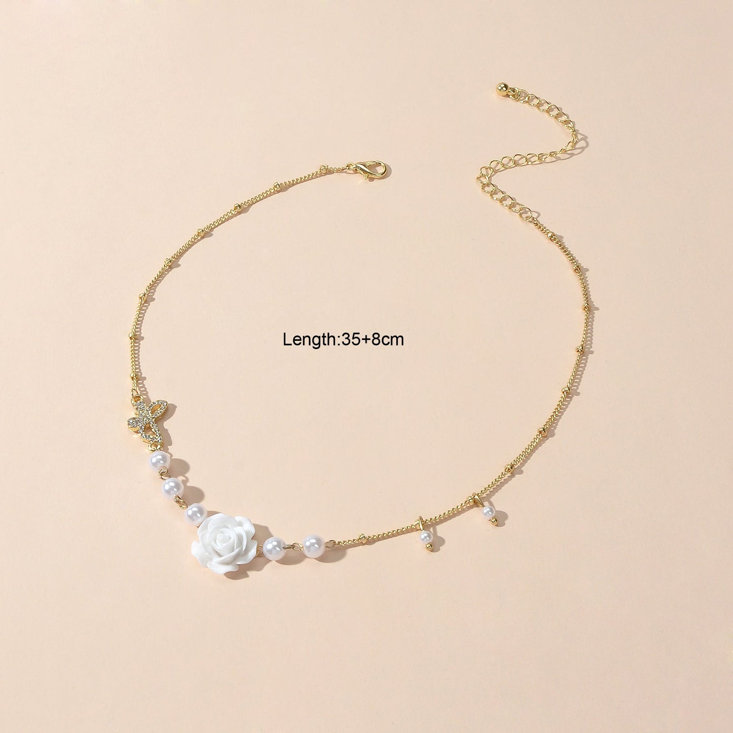 Textured Wedding Pearl Beads Gold Chain Butterly White Flower Collar Necklace-2