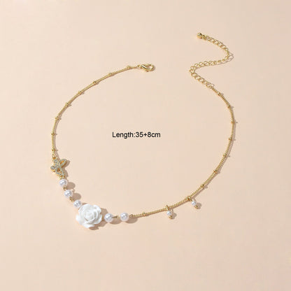 Textured Wedding Pearl Beads Gold Chain Butterly White Flower Collar Necklace-2