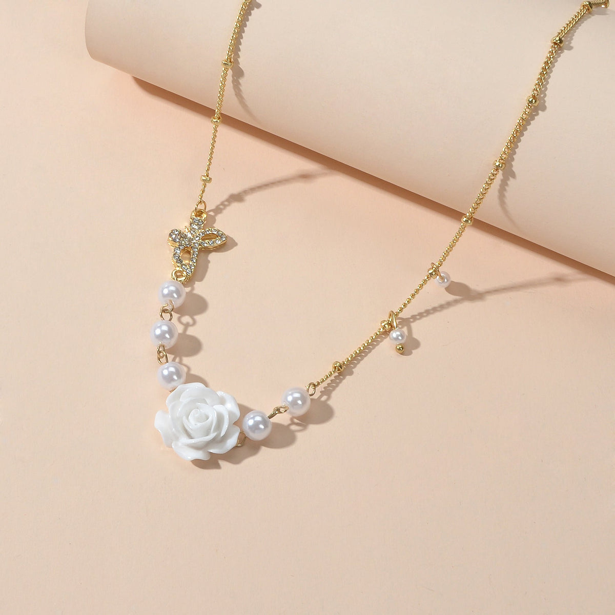 Textured Wedding Pearl Beads Gold Chain Butterly White Flower Collar Necklace-3